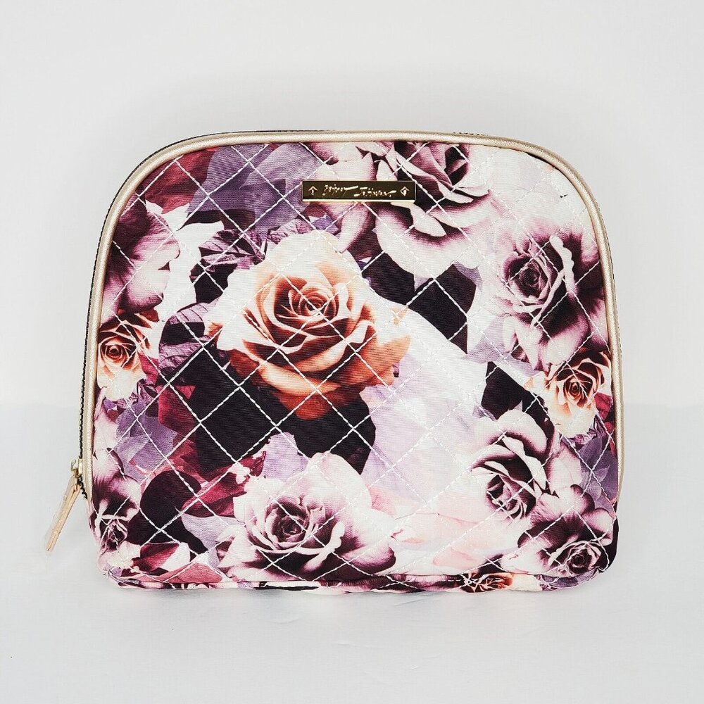 Betsey Johnson Large Cosmetic Bag Makeup White Floral Bouquet Roses New